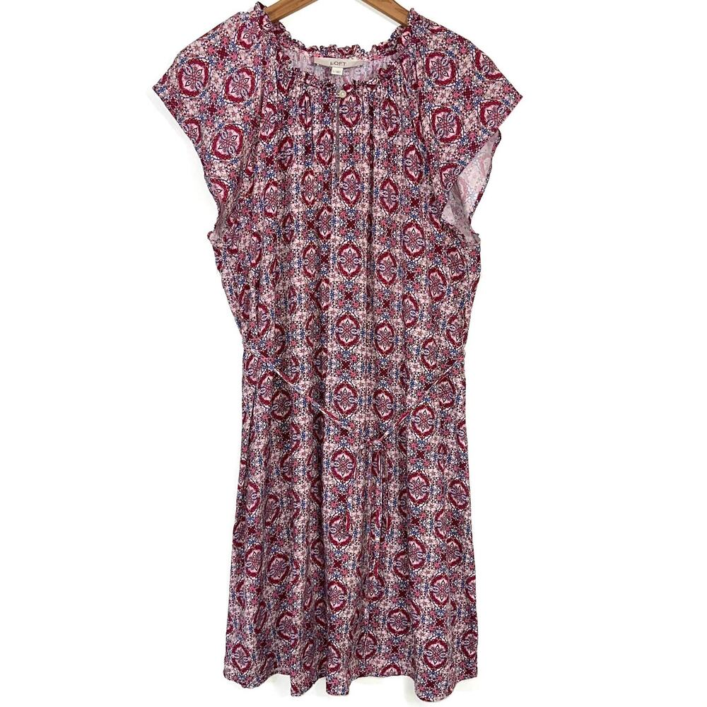 Loft Pink Medallion Print Short Sleeve Belted Shift Mini Dress Size Large